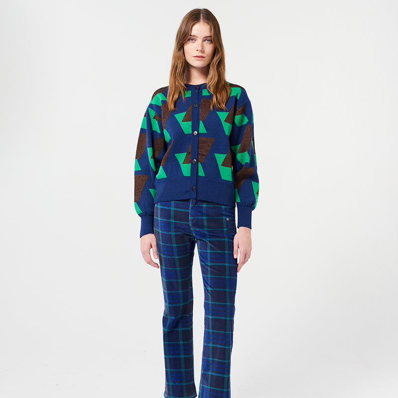 Multicolour Checked Jacquard Knitted Cardigan