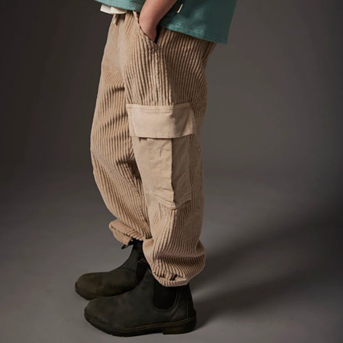 Organic Cotton Wide Corduroy Cargo Pants - Salem Stone