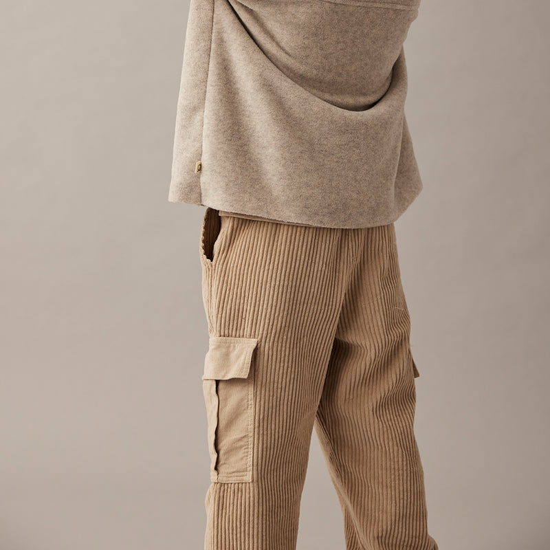 Organic Cotton Wide Corduroy Cargo Pants - Salem Stone