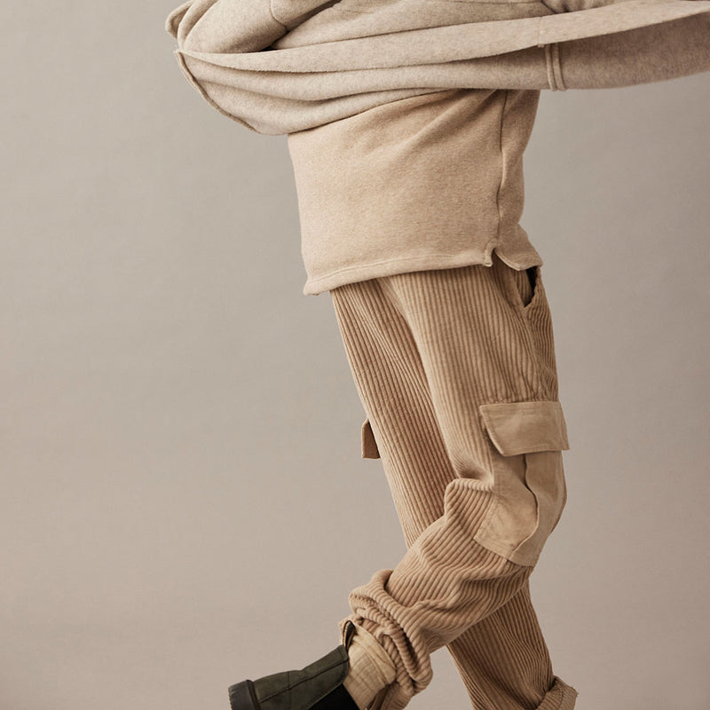 Organic Cotton Wide Corduroy Cargo Pants - Salem Stone