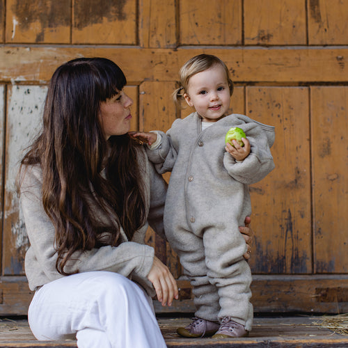 Wollfleece Overall mit Kapuze Walnuss Melange