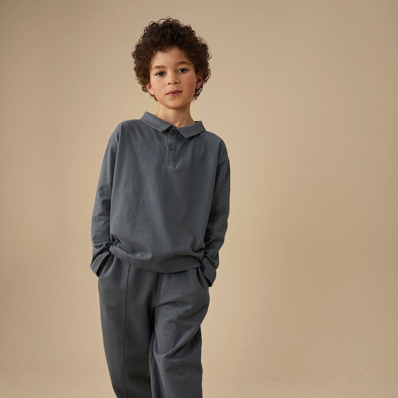 L/S Polo Shirt GOTS Blue Grey
