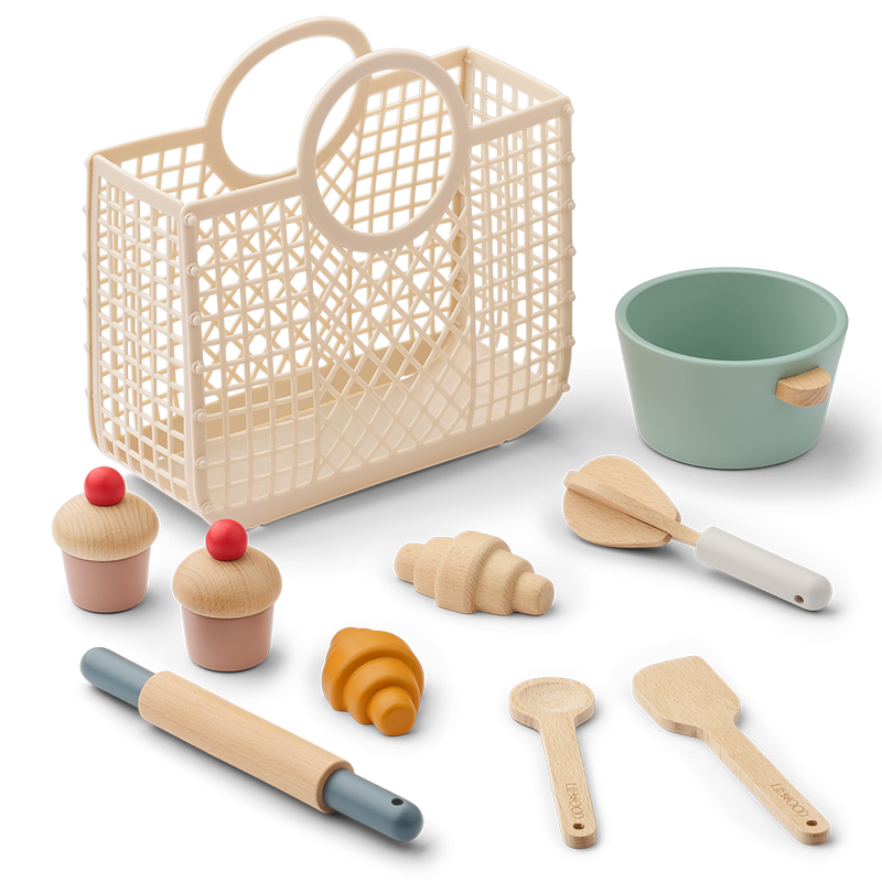 9-teiliges Holz-Back-Set inkl. Korb / Lisbeth Baking Set Sandy Multi Mix