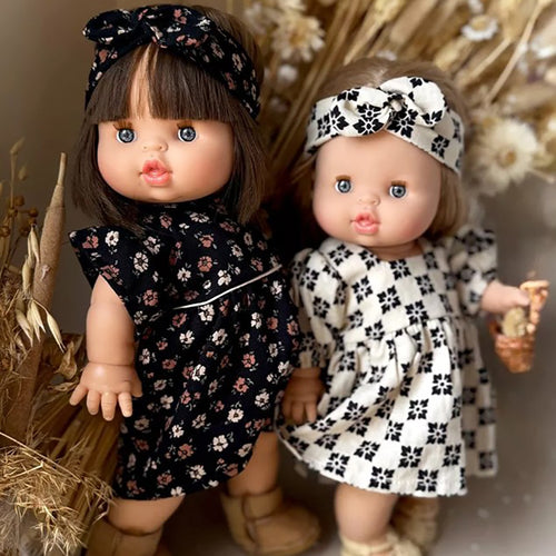 Puppenkleidung Kleid Daisy mit Stirnband schwarz mit Blumen für Puppe (34 & 37 cm)