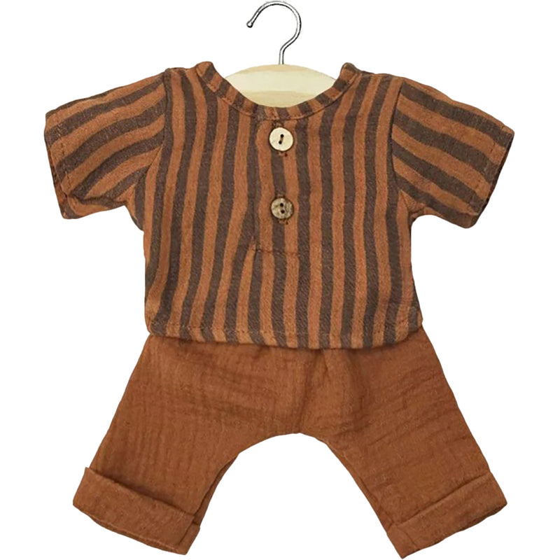 Puppenkleidung Andrea Langarm-Set aus Leinen braun mit Streifen für Puppe (34 & 37 cm)