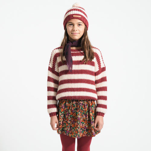 Knitted Hat with Pompon Bordeaux & Light Pink Stripes