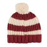 Knitted Hat with Pompon Bordeaux & Light Pink Stripes