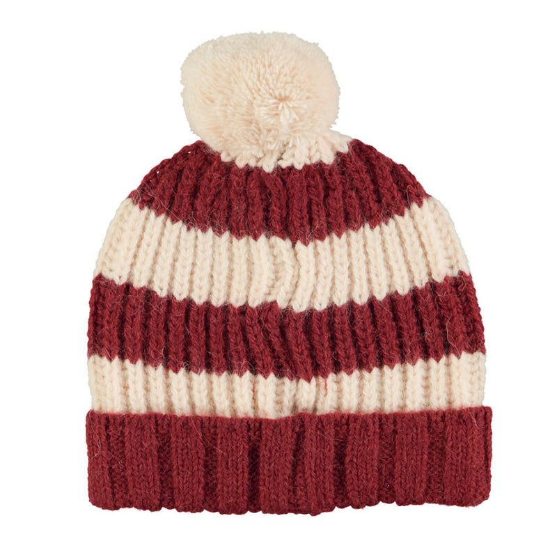Knitted Hat with Pompon Bordeaux & Light Pink Stripes