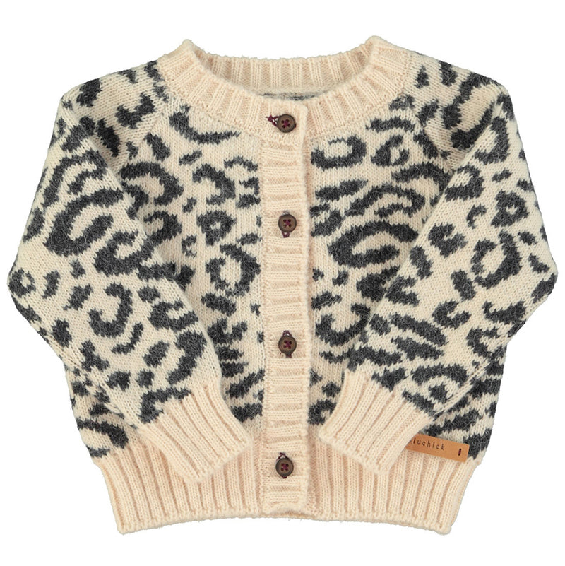 Knitted Baby Cardigan Light Pink with Black Animal Print