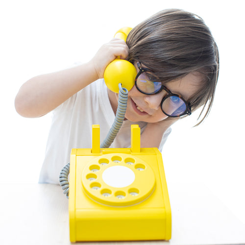 Retro Telefon Holz mit Wählscheibe Gelb